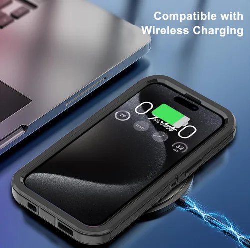 Miniatura 5 de Funda para iPhone 15 Pro Max con 2 protectores de pantalla, protección contra caídas a prueba de golpes, cuerpo completo, resistente, 3 capas, Negro