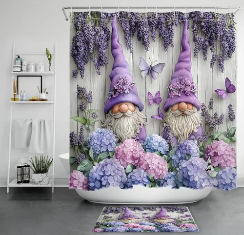 Miniatura 31 de LB Cortina de ducha de hortensias azules para baño, cortina de ducha rústica de girasol amarillo botánico y lavanda púrpura con ganchos, cortina