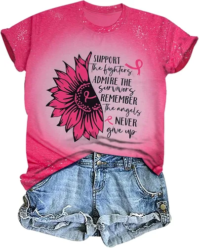 Camisetas de cáncer de mama para mujer, camiseta de cinta rosa para concientización sobre el cáncer de mama, camiseta de apoyo al cáncer, camiseta
