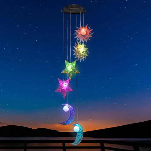 Miniatura 9 de Tryme Campanillas de viento solares para exteriores con luces colgantes de hadas y 4 tubos de aluminio, decoraciones de luna para el patio, porche