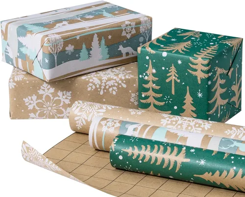 Miniatura 18 de RUSPEPA - Rollos de papel de regalo de Navidad - Mini rollo - 17 pulgadas x 10 pies por rollo, total de 3 rollos - Diseño de renos y copos de nieve