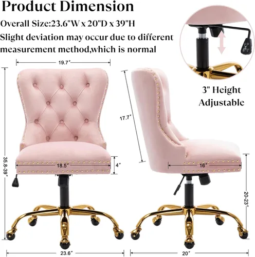 Miniatura 2 de Silla de escritorio de terciopelo para oficina en casa con ruedas y base dorada, cómoda silla de maquillaje copetuda para mujeres y niñas, silla