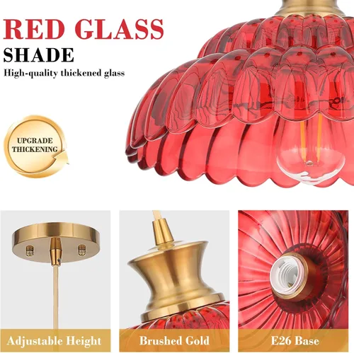 Miniatura 5 de Lámpara colgante de cristal rojo, 11.8 pulgadas, iluminación colgante vintage de vidrio dorado cepillado, lámpara de techo colgante moderna