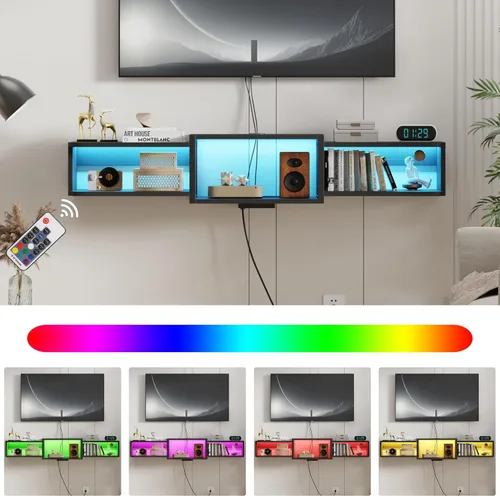 Miniatura 5 de Qupui Soporte flotante para TV montado en pared de 47.2 pulgadas con iluminación LED, moderno estante de consola multimedia de madera con puertos