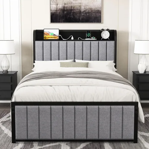 Miniatura 12 de VECELO Queen Bed Frame, Storage Upholstered Headboard with Charging Station, Platform Bedframe, Heavy Duty Metal Slats, No Box Spring Needed