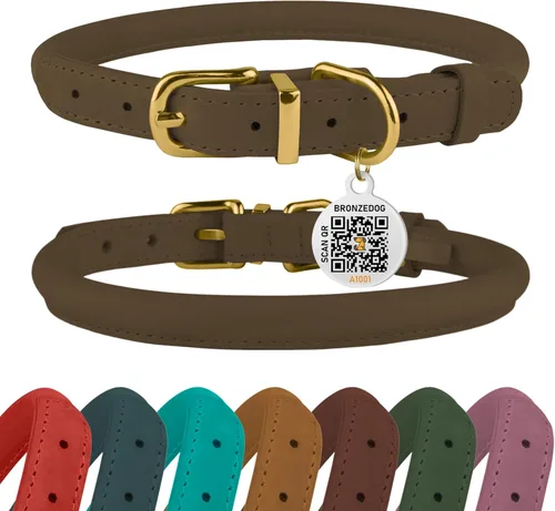 Miniatura 21 de Collar de cuero enrollado, redondo, suave y ajustable con placa de identificación por QR para perro pequeño, mediano y grande, cachorro y gato Azul