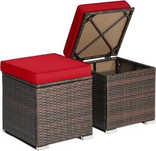 RELAX4LIFE Otomana de mimbre para almacenamiento al aire libre, reposapiés de ratán de 2 piezas con cojín extraíble, reposapiés multiusos, mesa Rojo