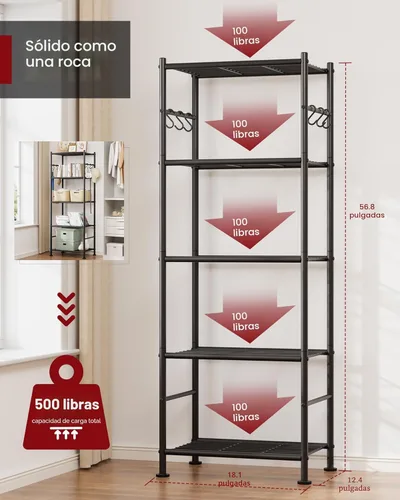 Miniatura 3 de Estanterías de almacenamiento Sakugi - Organizador de estante de gran capacidad de 5 niveles con ganchos, estanterías de garaje resistentes con pies