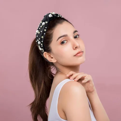 Miniatura 2 de Accesorios para el cabello de moda para mujer, diadema anudada, diadema de perlas negras para niñas, con cuentas de diamantes de imitación, diadema