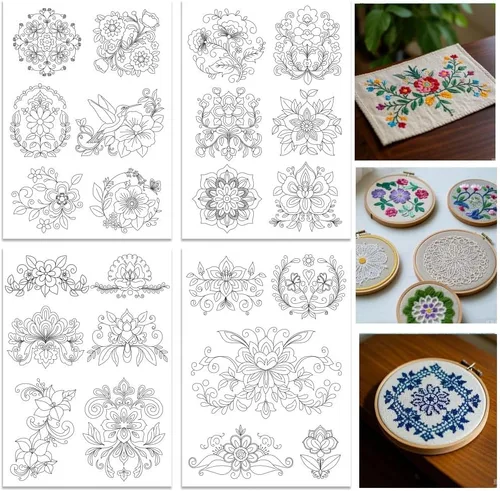Miniatura 12 de ORIGACH 4 Hojas Grandes de Estabilizadores de Patrones de Bordado Solubles en Agua - Estabilizadores de Costura a Mano Preimpresos de Hongo, Luna