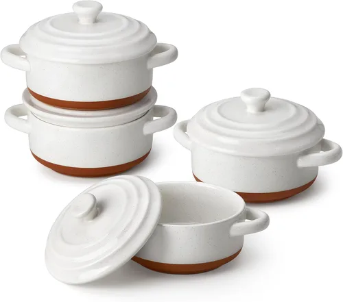 Miniatura 10 de MALACASA Mini Cocotte Set - 14 OZ (aproximadamente 396.89g) Platos pequeños de cazuela con tapas y asas, juego de 4 ollas holandesas mini de Blanco