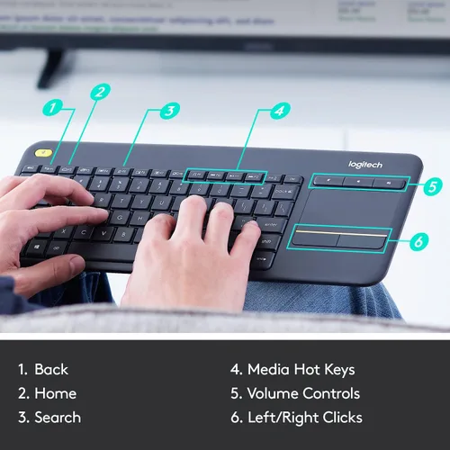 Miniatura 6 de Logitech K400 920-007119 Plus teclado táctil inalámbrico para TV conectado a computadora