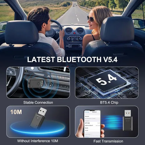 Miniatura 3 de Adaptador USB Bluetooth 5.4 para automóvil, receptor de música Bluetooth Plug & Play, kit de conector auxiliar de 0.138 in para automóvil, micrófono