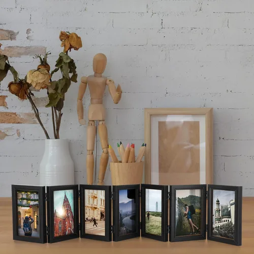 Miniatura 2 de Sintuff Portarretratos plegables de 4 x 6 pulgadas, 7 marcos de fotos plegables con bisagras de alta definición, soportes de collage de madera Negro