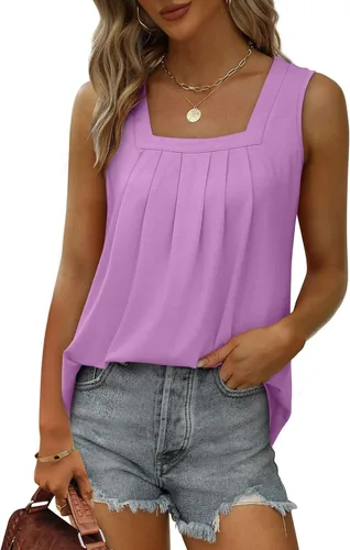 Miniatura 7 de Saloogoe - Camisetas sin mangas veraniegas para mujeres, plisadas con cuello cuadrado y dobladillo curvado, blusas de ajuste holgado con movimiento