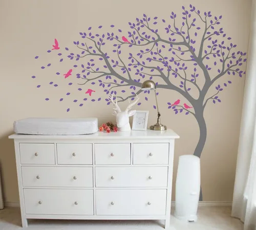 Miniatura 4 de Vinilo decorativo para pared de árbol grande con pájaros y hojas que soplan en el viento, adhesivo mural de bosque