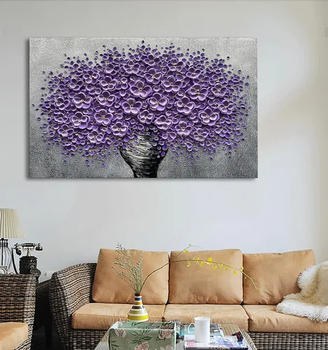 Miniatura 6 de Epicler art Pintura al óleo decorativa de flores 3D moradas pintadas a mano, arte de pared decorativo de pared de flores, arte moderno, sala