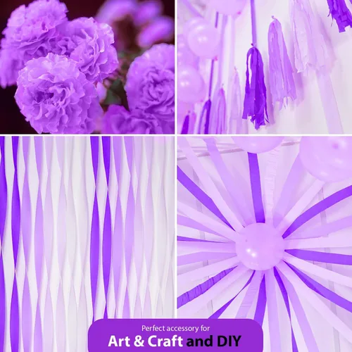 Miniatura 6 de 8 rollos de serpentinas moradas, paquete de 656 pies de papel crepé morado con blanco para decoraciones de fiestas, decoraciones de cumpleaños