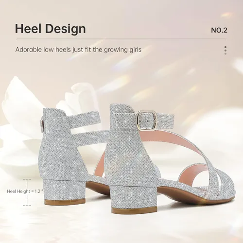 Miniatura 5 de Sandalias para niñas, tacones para niños, puntera abierta, correa al tobillo, zapatos de vestir, flores para boda, fiesta para niños pequeños