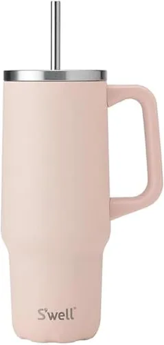 Miniatura 10 de S'well Vaso de acero inoxidable reciclado XL con popote y asa, 40 onzas, azurita, contenedor aislado al vacío de triple capa mantiene las bebidas