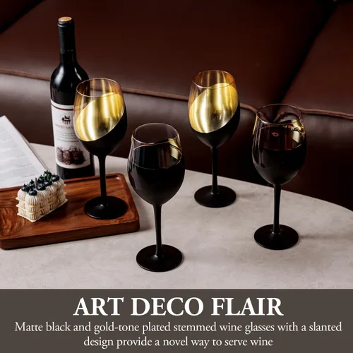 Miniatura 2 de MyGift Copas de vino modernas inclinadas de 14 onzas con tallo negro mate y dorado, diseño elegante en ángulo con copas de cristal de acento Latón
