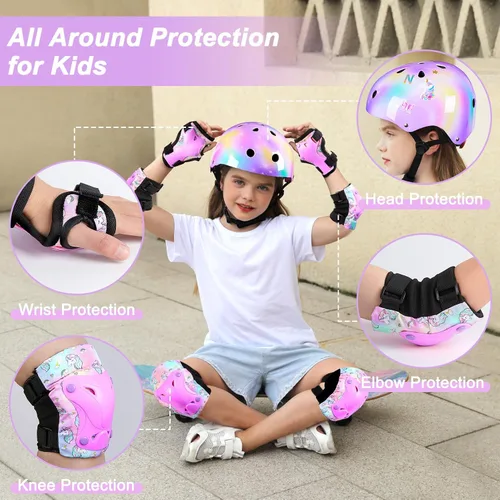 Miniatura 2 de Casco para niños, casco de bicicleta para niños pequeños con pegatinas DIY Unicornio, rodilleras y coderas ajustables, juego de protección para Rosa