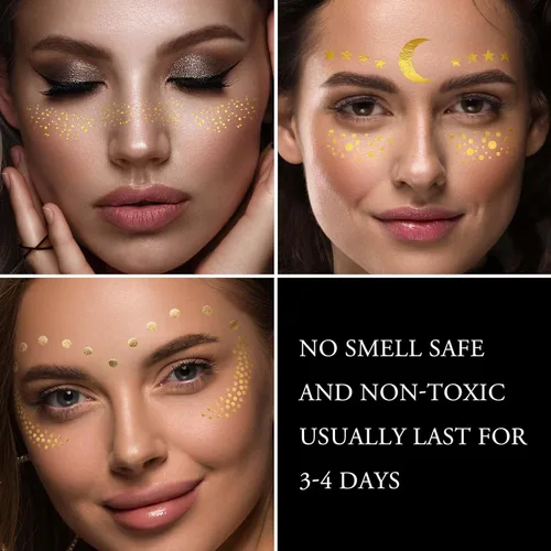 Miniatura 5 de 3 hojas de tatuajes faciales temporales metálicos dorados, pecas sintéticas, calcomanías de maquillaje, impermeables, brillantes, arte corporal