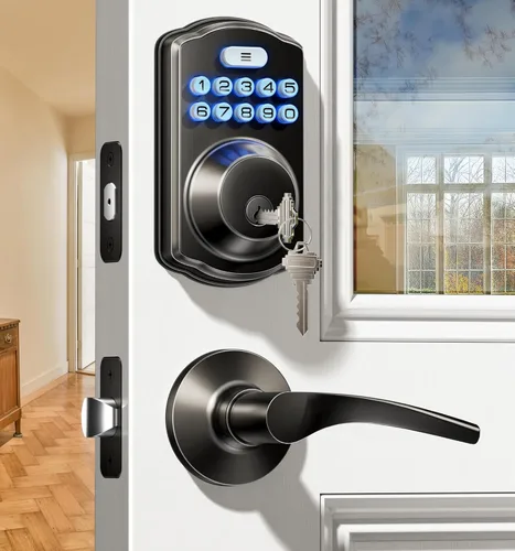 Miniatura 10 de Veise Cerradura de puerta de entrada sin llave con 2 manijas de palanca, cerrojo electrónico para teclado, juego de cerradura digital inteligente