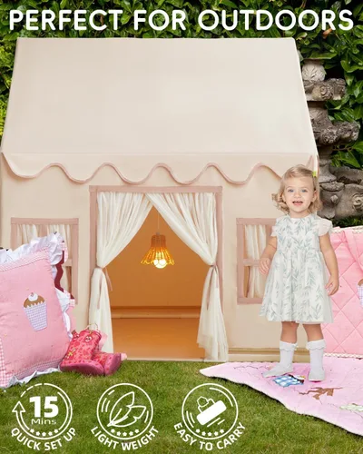 Miniatura 3 de Tienda de campaña grande para niños con luces de estrellas, banderas y bolsas de mano, tienda de campaña para niños en interiores y exteriores, Crema