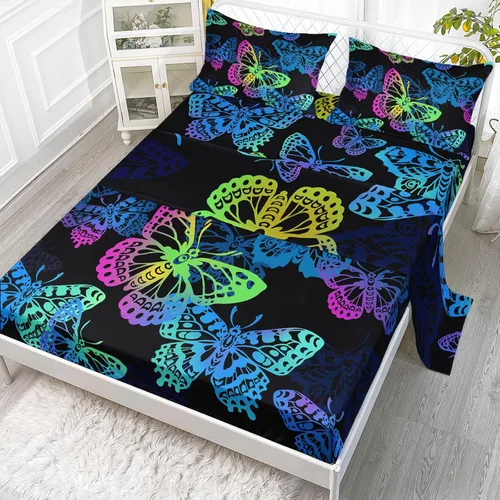 Miniatura 19 de Axolotl Juego de sábanas de gato negro de dibujos animados tamaño full, diseño de estrellas y luna impreso, ropa de cama para niños para decoración