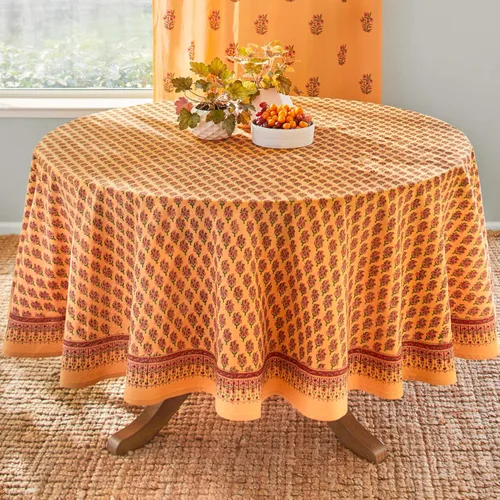 Saffron Marigold Mantel redondo estampado a mano – Naranja indio verano lujoso 100% algodón, lavable, para decoración del hogar, cocina, café o mesa