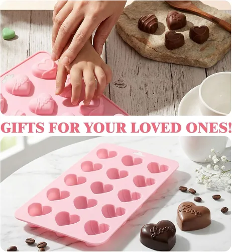 Miniatura 3 de Moldes de silicona en forma de corazón 2 piezas, molde de chocolate en forma de corazón 15 cavidades, moldes antiadherentes de grado alimenticio
