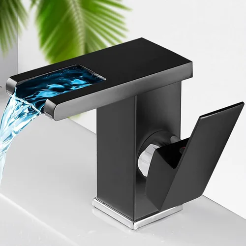 Miniatura 8 de Grifo de baño con luz LED RGB, boquilla de cascada, color negro, 3 colores cambiantes, mango de un agujero, conjunto de drenaje a juego