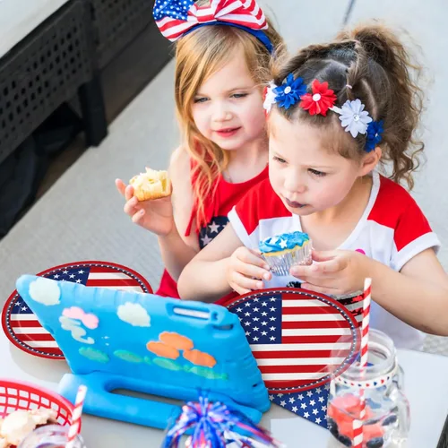 Miniatura 5 de 96 piezas de platos y servilletas de papel con bandera americana para fiesta patriótica y tenedores, suministros desechables para mesa, juego