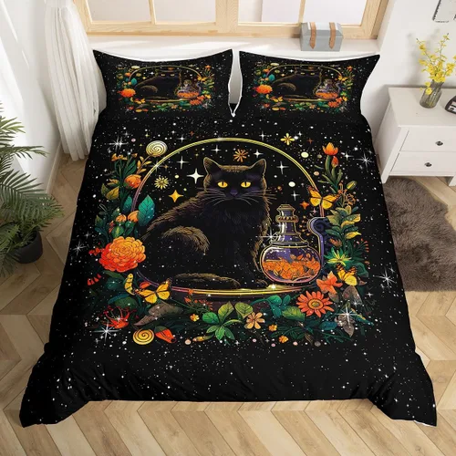 Miniatura 34 de Juego de funda de edredón para niños con diseño de gato lindo, tamaño individual, juego de ropa de cama con hojas de flores, luna, noche y cielo