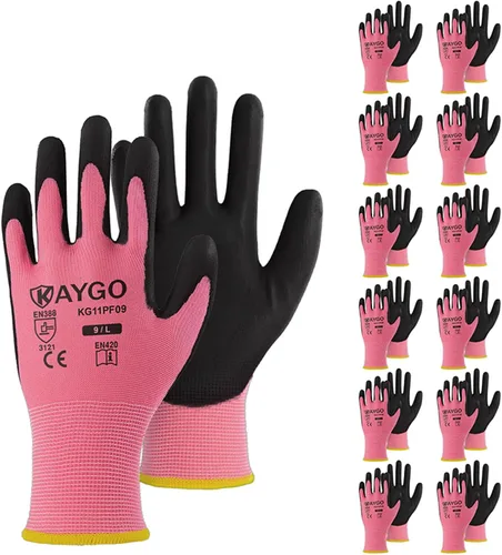 Miniatura 51 de KAYGO KG11PB - Guantes de seguridad con revestimiento delgado de poliuretano, tejido sin costuras, agarre suave en palma y dedos, para trabajo Verde