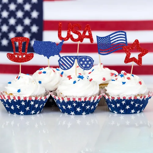 Miniatura 7 de Gyufise 24 adornos para cupcakes del Día de la Independencia con mapa de la bandera de Estados Unidos, patrióticos para cupcakes del 4 de julio, Día