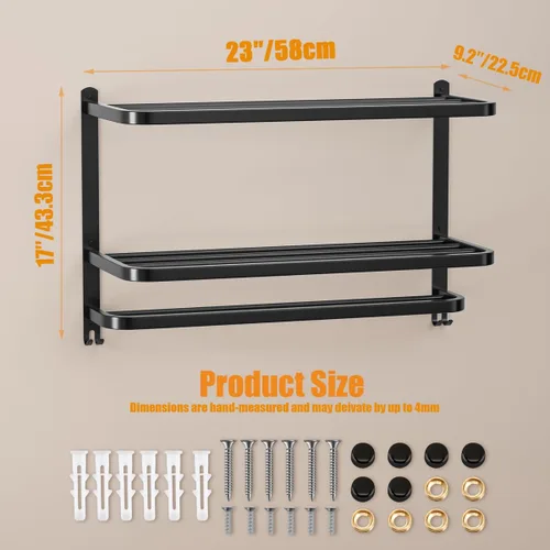 Miniatura 2 de Estante de toallas de 3 niveles de 23 pulgadas en negro para baño con barras de toallas, estante de toallas de hotel multicapa de acero inoxidable