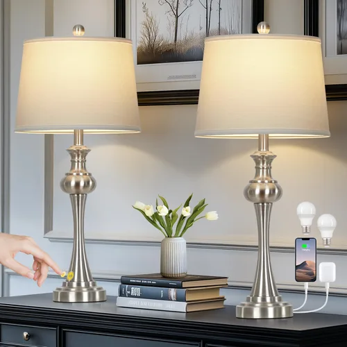 Miniatura 9 de Cinyirong Lámparas de mesa doradas de 28.75 pulgadas, modernas, con control táctil de 3 vías, regulable, con puertos USB A+C y salidas de CA