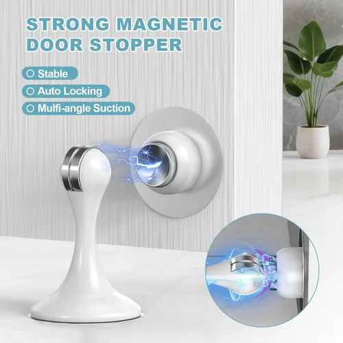 Miniatura 2 de Topes magnéticos para puerta, paquete de 4, topes de puerta de acero inoxidable para montaje en pared y piso, soporte de puerta mantiene la puerta
