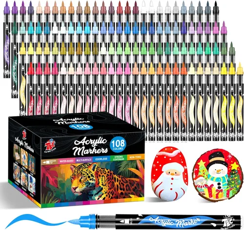 TBC The Best Crafts Marcadores de pintura acrílica de 108 colores, punta de pincel, bolígrafos de pintura acrílica, control automático de tinta,