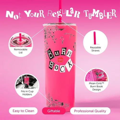 Miniatura 5 de Vaso con aislamiento al vacío de Dragon Glassware x Mean Girls con tapa y pajita - Vaso de 24 onzas con 2 pajitas - Vaso de acero inoxidable