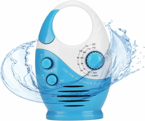 Miniatura 11 de Radio de ducha impermeable, radio AM/FM con altavoces de volumen ajustables, altavoces portátiles alimentados por batería con mango de gancho