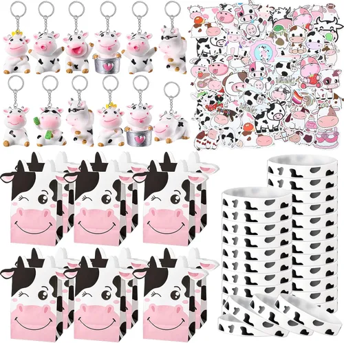Fumete 86 piezas de suministros de fiesta de vaca, incluye llavero de vaca, bolsas de papel, llaveros de silicona de vaca, calcomanías de vinilo