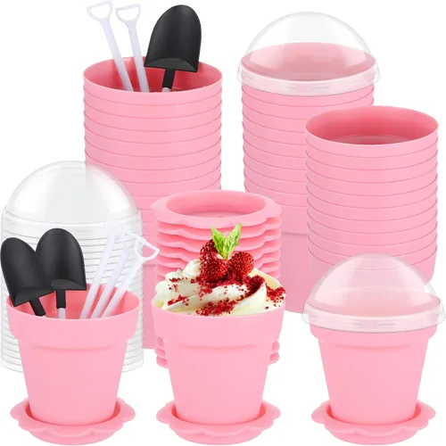 Miniatura 9 de Honeydak Paquete de 50 tazas de plástico para tartas de postre con tapa, pala, cuchara, bandeja inferior, tazas de postre, helado, yogur, Blanco