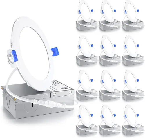 Ensenior Paquete de 12 Luces LED Empotradas de 4 Pulgadas, Regulables, Blanco Claro 6000K, 750LM Alta Luminosidad, 9W 120V, 2 Pines, ERL-9X-ETL,