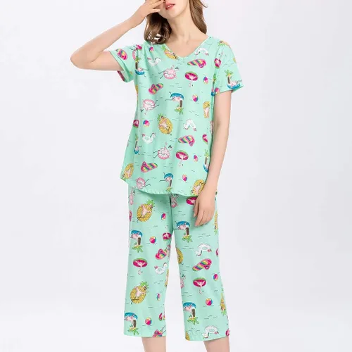 Miniatura 4 de ENJOYNIGHT - Conjunto de pijama de algodón para mujer, pijama de manga corta y pantalones capri, ropa de dormir de 2 piezas
