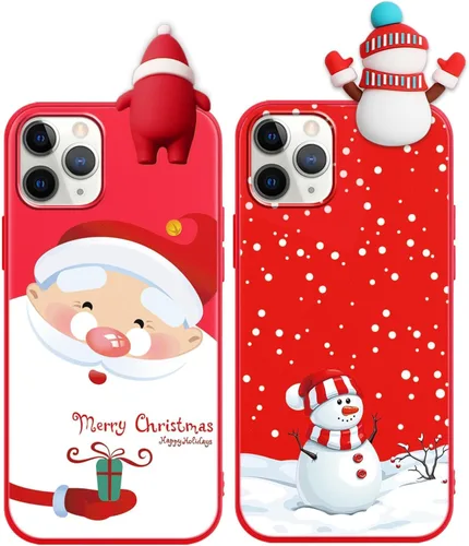 Miniatura 13 de Paquete de 2 fundas navideñas lindas para iPhone 13 Pro, patrón rojo 3D de muñeco Papá Noel muñeco de nieve Feliz Navidad de silicona suave TPU