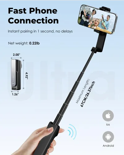 Miniatura 3 de Viozon Palo selfie inalámbrico de aleación de aluminio, ligero, extensible, de bolsillo, con control remoto, compacto para selfie de viaje