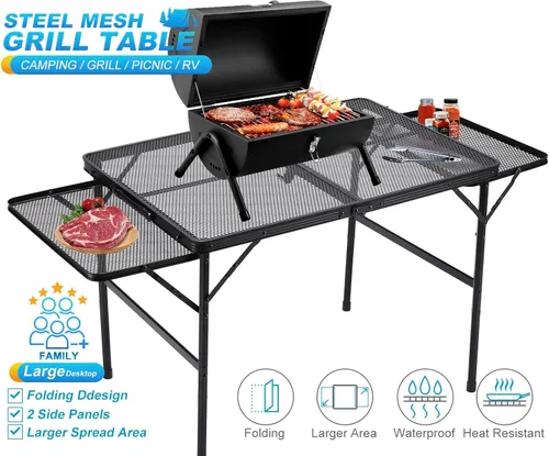 Miniatura 3 de Mesa de camping plegable grande – Mesa de parrilla de malla metálica con 2 paneles de alas 2 alturas ajustables Mesa grande de picnic y al aire